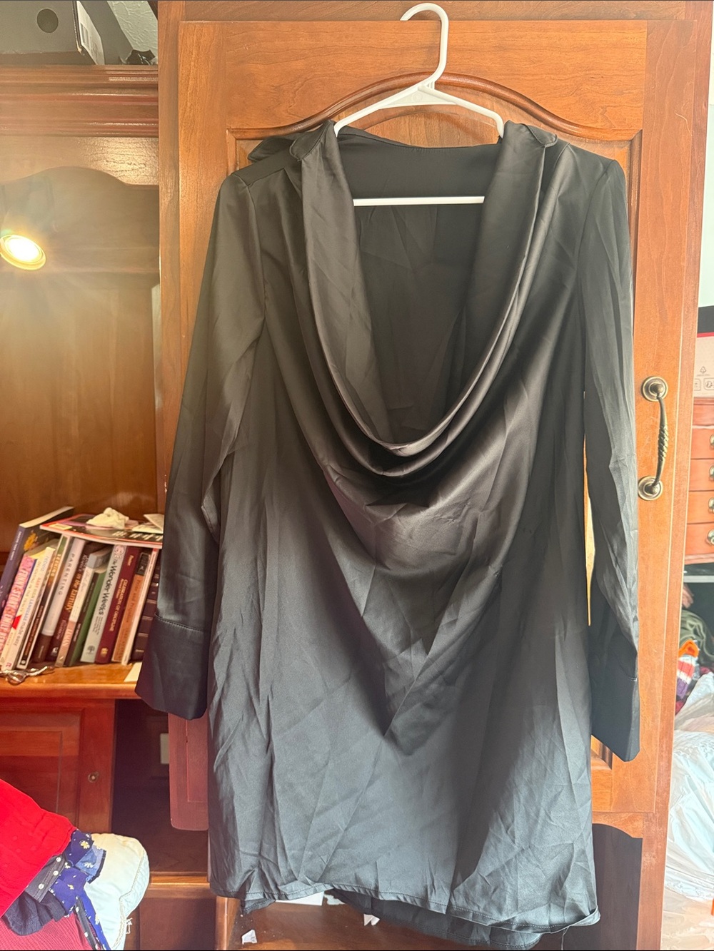 Black Draped Cowl Neck Long-Sleeve Dress